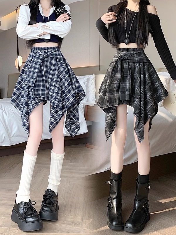Plaid Asymmetrical Mini A-Line Skirt