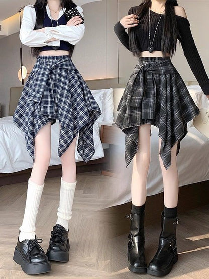 Plaid Asymmetrical Mini A-Line Skirt