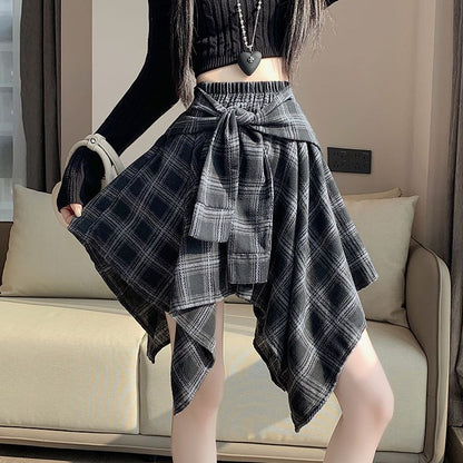 Plaid Asymmetrical Mini A-Line Skirt