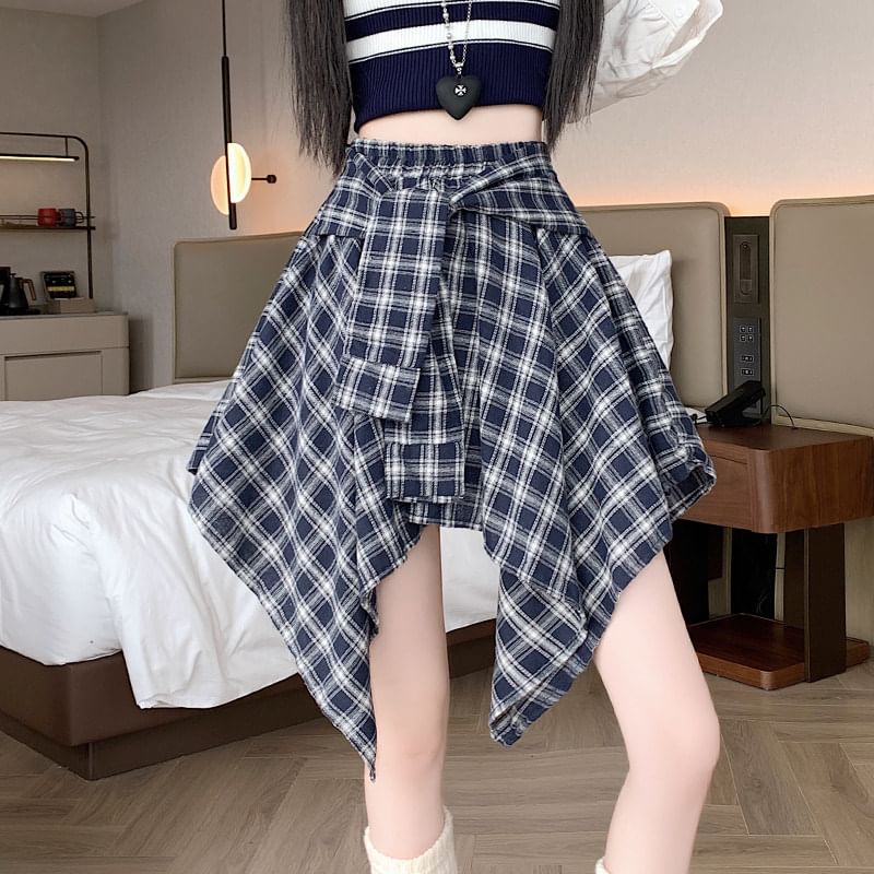 Plaid Asymmetrical Mini A-Line Skirt