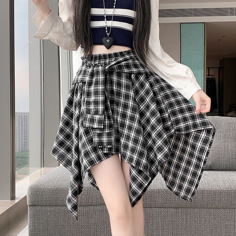 Plaid Asymmetrical Mini A-Line Skirt