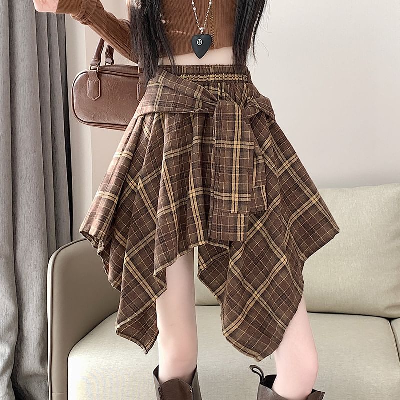 Plaid Asymmetrical Mini A-Line Skirt