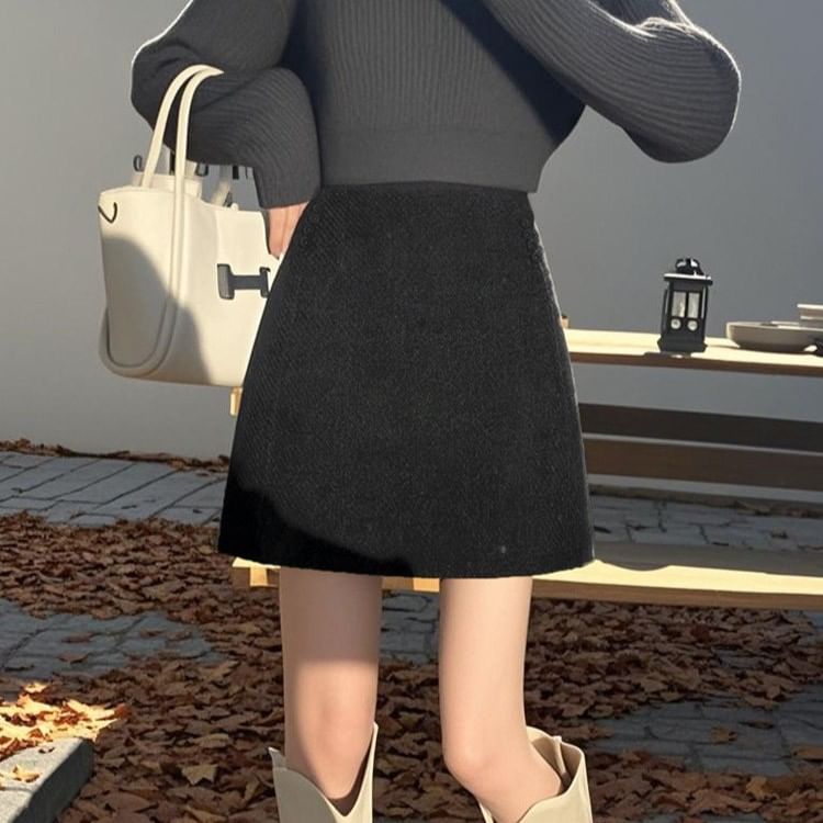 Wool Mini A-Line Skirt with High Waist