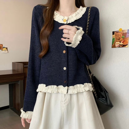 Frill Trim Button-Up Cardigan