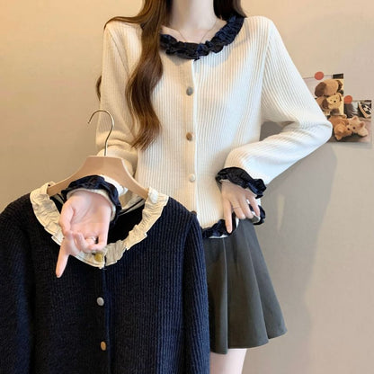 Frill Trim Button-Up Cardigan
