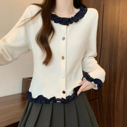 Frill Trim Button-Up Cardigan