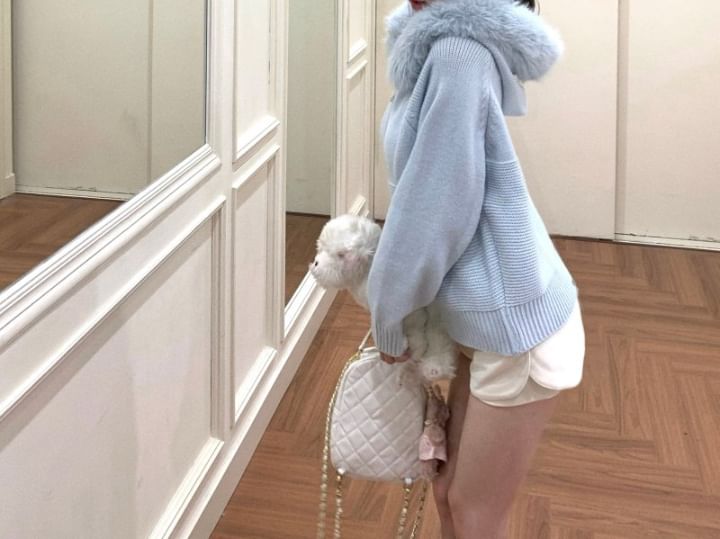 Plain Fluffy Trim Hood Zip Cardigan