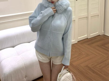 Plain Fluffy Trim Hood Zip Cardigan