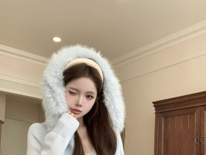 Plain Fluffy Trim Hood Zip Cardigan