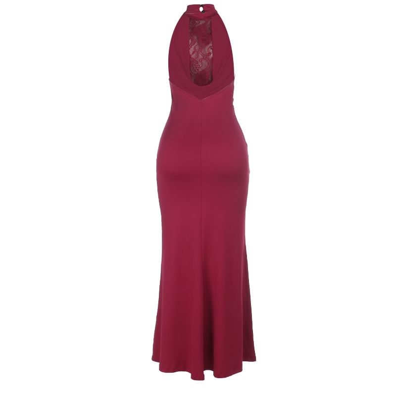 Halter Mock Neck Plain Panel Lace Maxi Sheath Dress