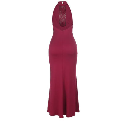 Halter Mock Neck Plain Panel Lace Maxi Sheath Dress