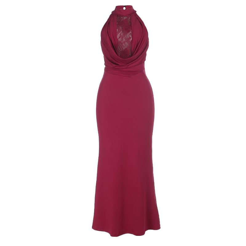 Halter Mock Neck Plain Panel Lace Maxi Sheath Dress