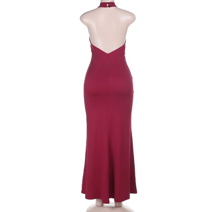 Halter Mock Neck Plain Panel Lace Maxi Sheath Dress
