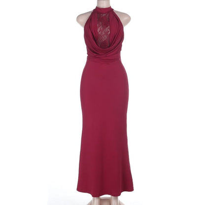 Halter Mock Neck Plain Panel Lace Maxi Sheath Dress