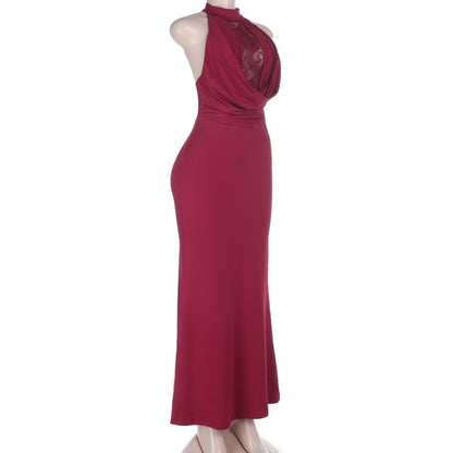 Halter Mock Neck Plain Panel Lace Maxi Sheath Dress