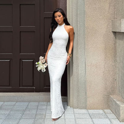 Halter Plain Textured Slit Maxi Sheath Dress