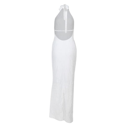 Halter Plain Textured Slit Maxi Sheath Dress