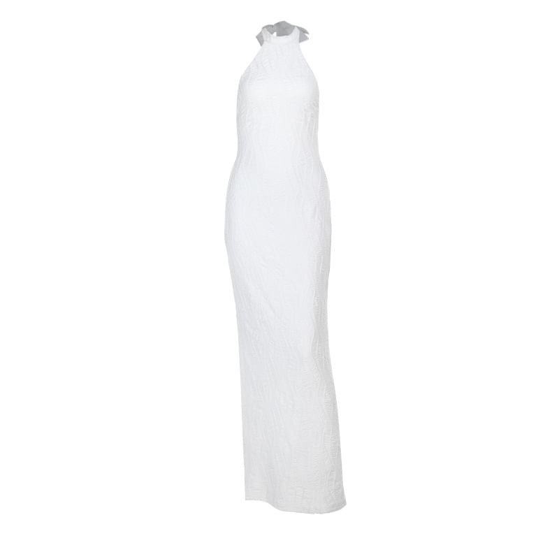 Halter Plain Textured Slit Maxi Sheath Dress