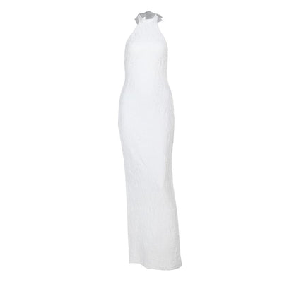 Halter Plain Textured Slit Maxi Sheath Dress