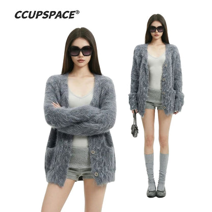 V-Neck Plain Fluffy Button Up Cardigan