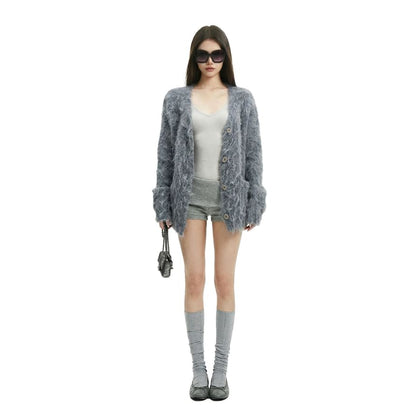 V-Neck Plain Fluffy Button Up Cardigan