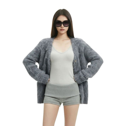 V-Neck Plain Fluffy Button Up Cardigan