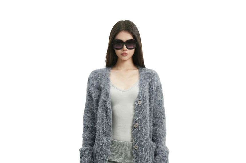 V-Neck Plain Fluffy Button Up Cardigan