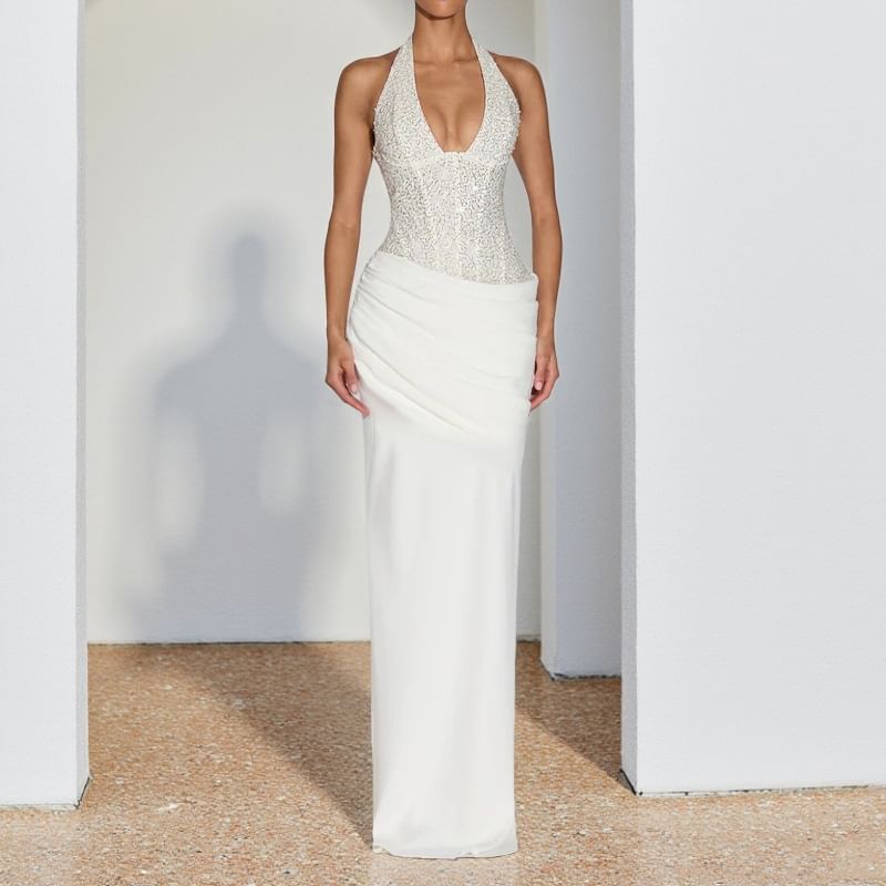 Sleeveless Halter V-Neck Sequin Paneled Maxi Bodycon Dress