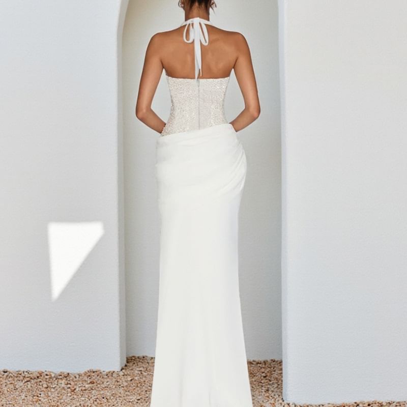 Sleeveless Halter V-Neck Sequin Paneled Maxi Bodycon Dress