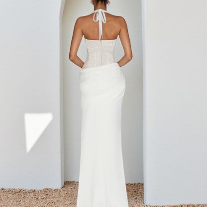 Sleeveless Halter V-Neck Sequin Paneled Maxi Bodycon Dress