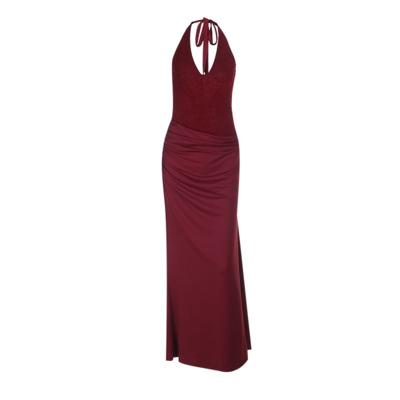 Sleeveless Halter V-Neck Sequin Paneled Maxi Bodycon Dress