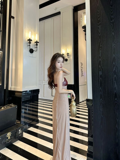 Spaghetti Strap V-Neck Two Tone Cutout Twisted Maxi Sheath Dress