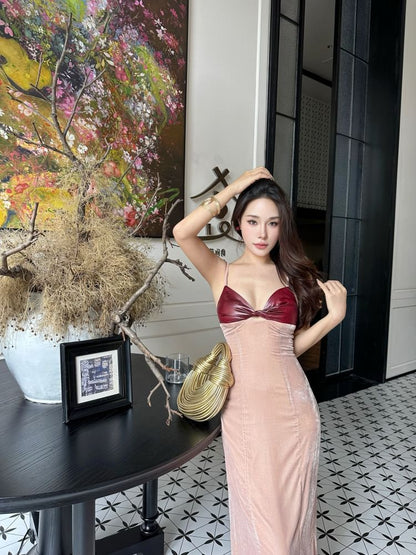 Spaghetti Strap V-Neck Two Tone Cutout Twisted Maxi Sheath Dress