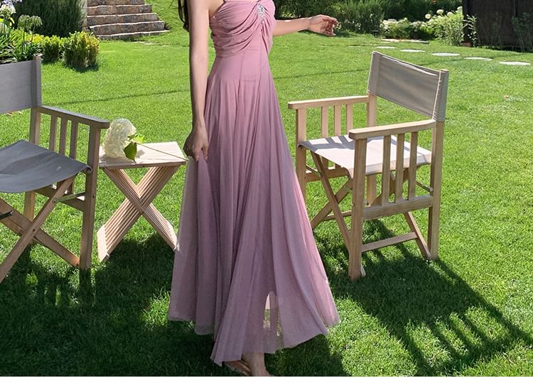 Spaghetti Strap Plain Rhinestone Accent Ruched Mesh Maxi A-Line Dress