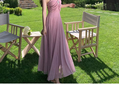 Spaghetti Strap Plain Rhinestone Accent Ruched Mesh Maxi A-Line Dress