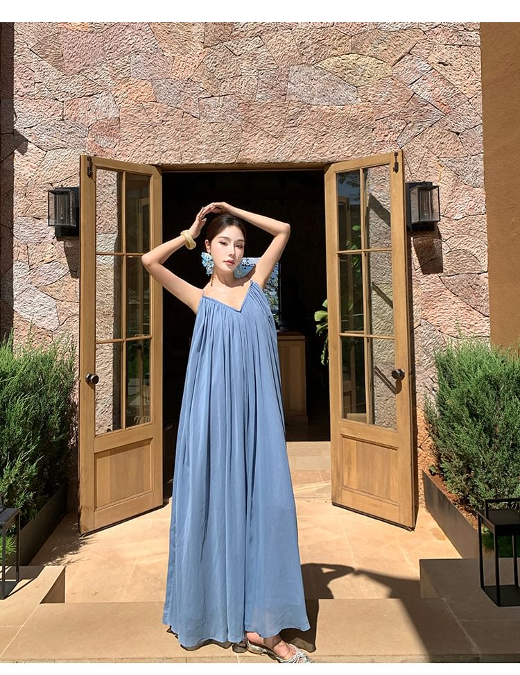 Halter V-Neck Plain Open Back Maxi Sundress