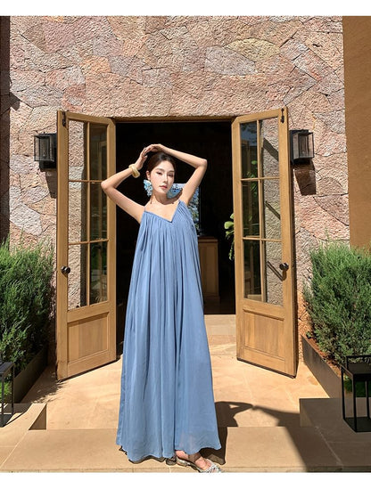 Halter V-Neck Plain Open Back Maxi Sundress
