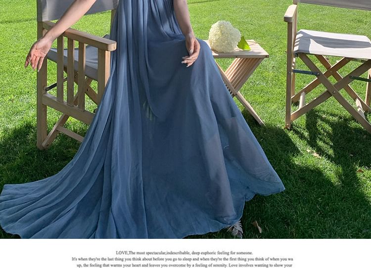 Halter V-Neck Plain Open Back Maxi Sundress