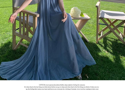 Halter V-Neck Plain Open Back Maxi Sundress