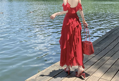Ruffle Sleeve Cold Shoulder Plain Open Back Slit Maxi A-Line Dress