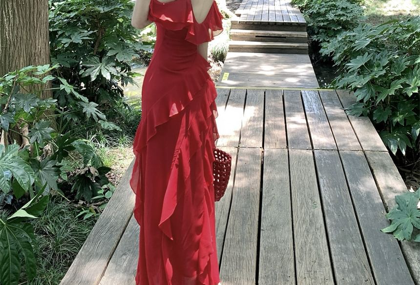 Ruffle Sleeve Cold Shoulder Plain Open Back Slit Maxi A-Line Dress