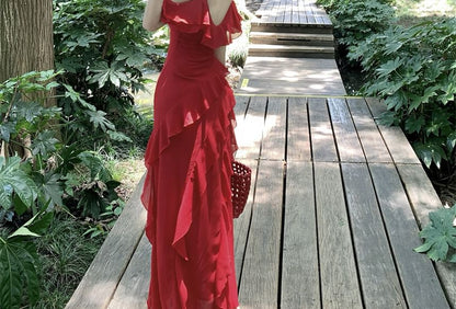 Ruffle Sleeve Cold Shoulder Plain Open Back Slit Maxi A-Line Dress