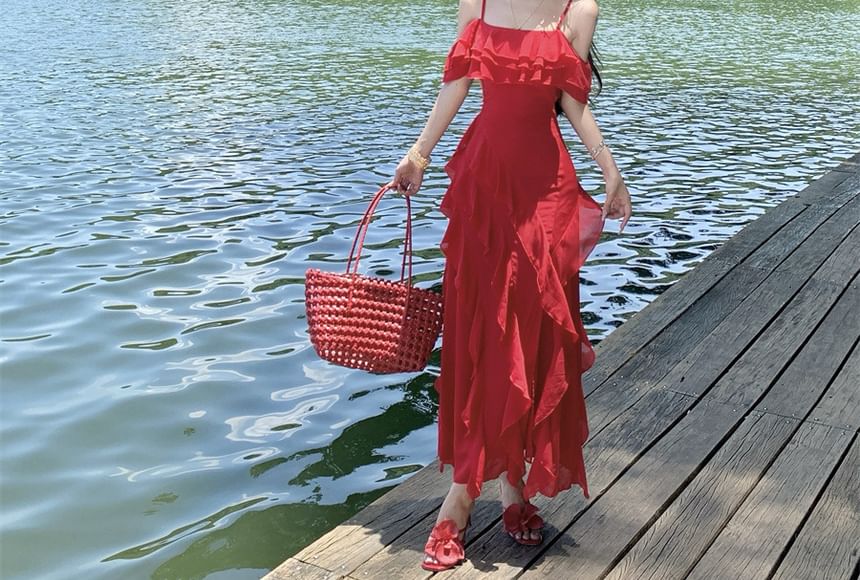 Ruffle Sleeve Cold Shoulder Plain Open Back Slit Maxi A-Line Dress