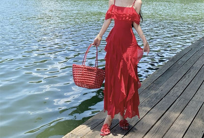 Ruffle Sleeve Cold Shoulder Plain Open Back Slit Maxi A-Line Dress