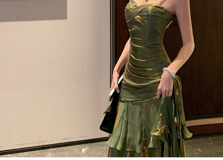 Spaghetti Strap Plain Asymmetrical Ruched Maxi A-Line Dress
