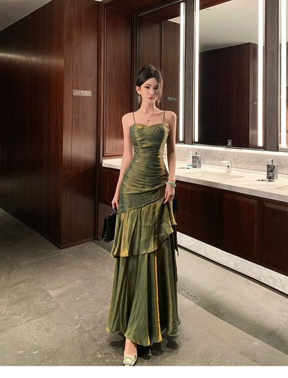 Spaghetti Strap Plain Asymmetrical Ruched Maxi A-Line Dress