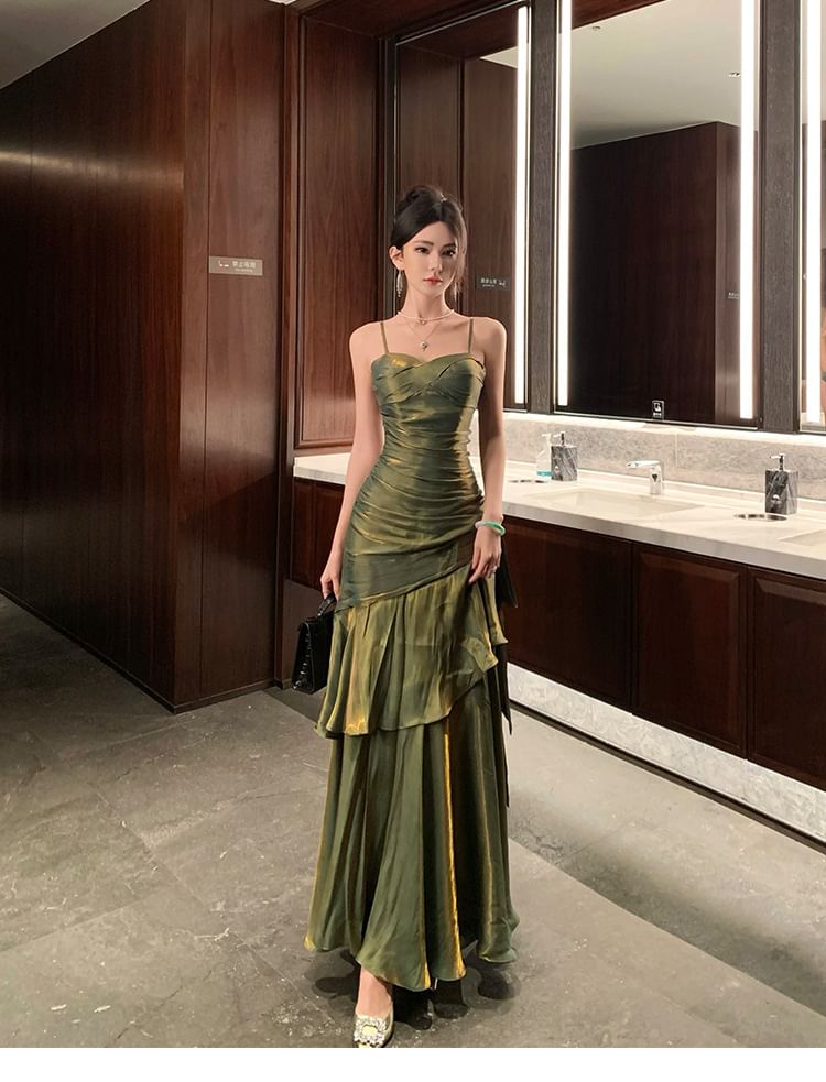 Spaghetti Strap Plain Asymmetrical Ruched Maxi A-Line Dress