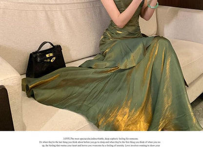 Spaghetti Strap Plain Asymmetrical Ruched Maxi A-Line Dress
