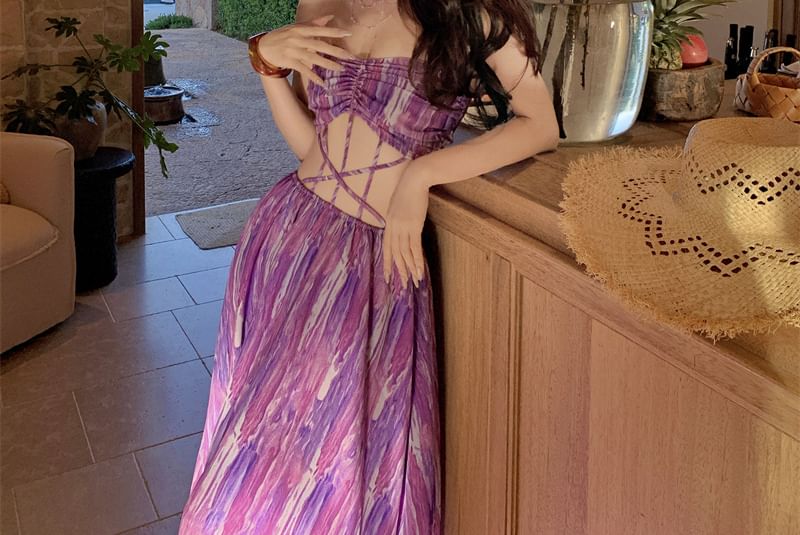 Strapless Tie Dye Cutout Maxi A-Line Dress
