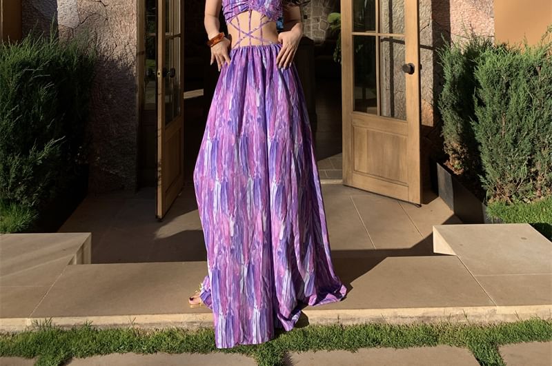 Strapless Tie Dye Cutout Maxi A-Line Dress